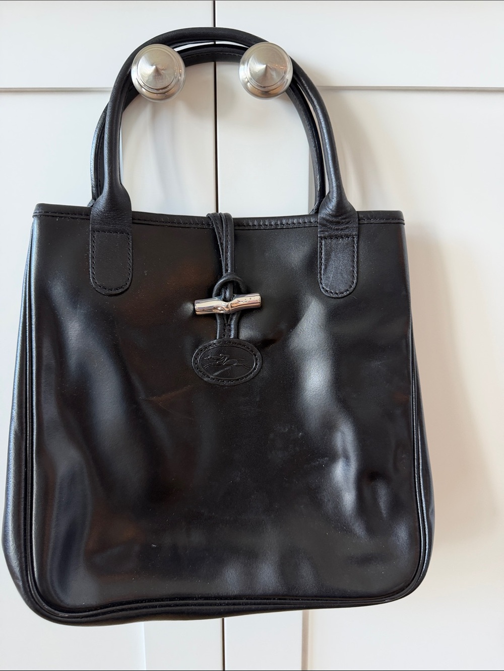 Longchamp Black Leather Tote with Toggle Accent